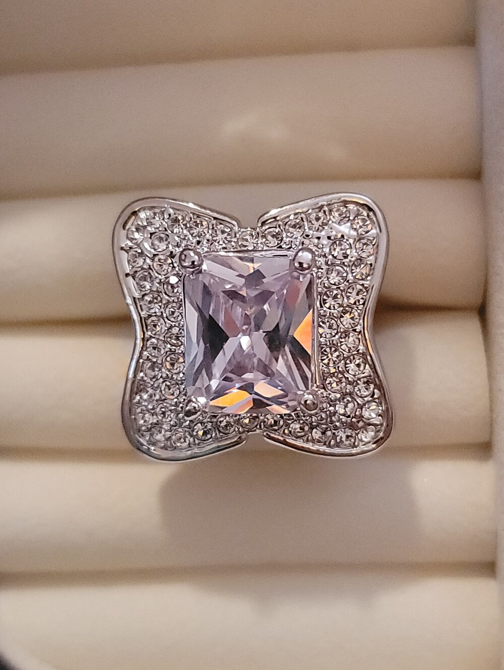 Vintage NOS Cocktail Ring Lavender Center With Clear CZ / Sz 8 / Camille Lucie